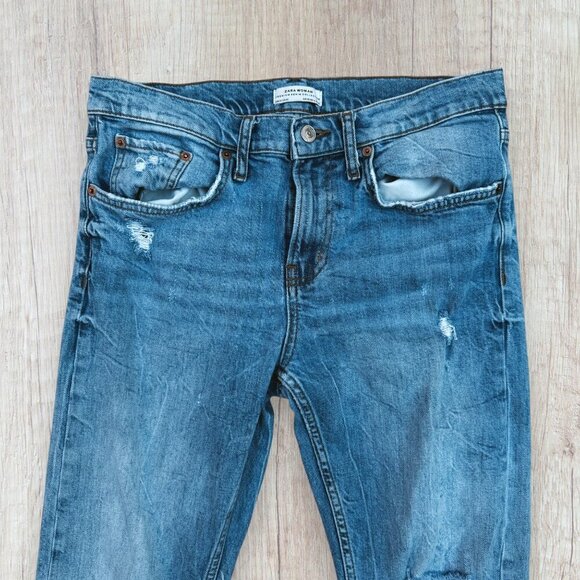ZARA Distressed Ripped Slim Boyfriend Light Wash Denim Jeans 6 - Picture 2 of 4